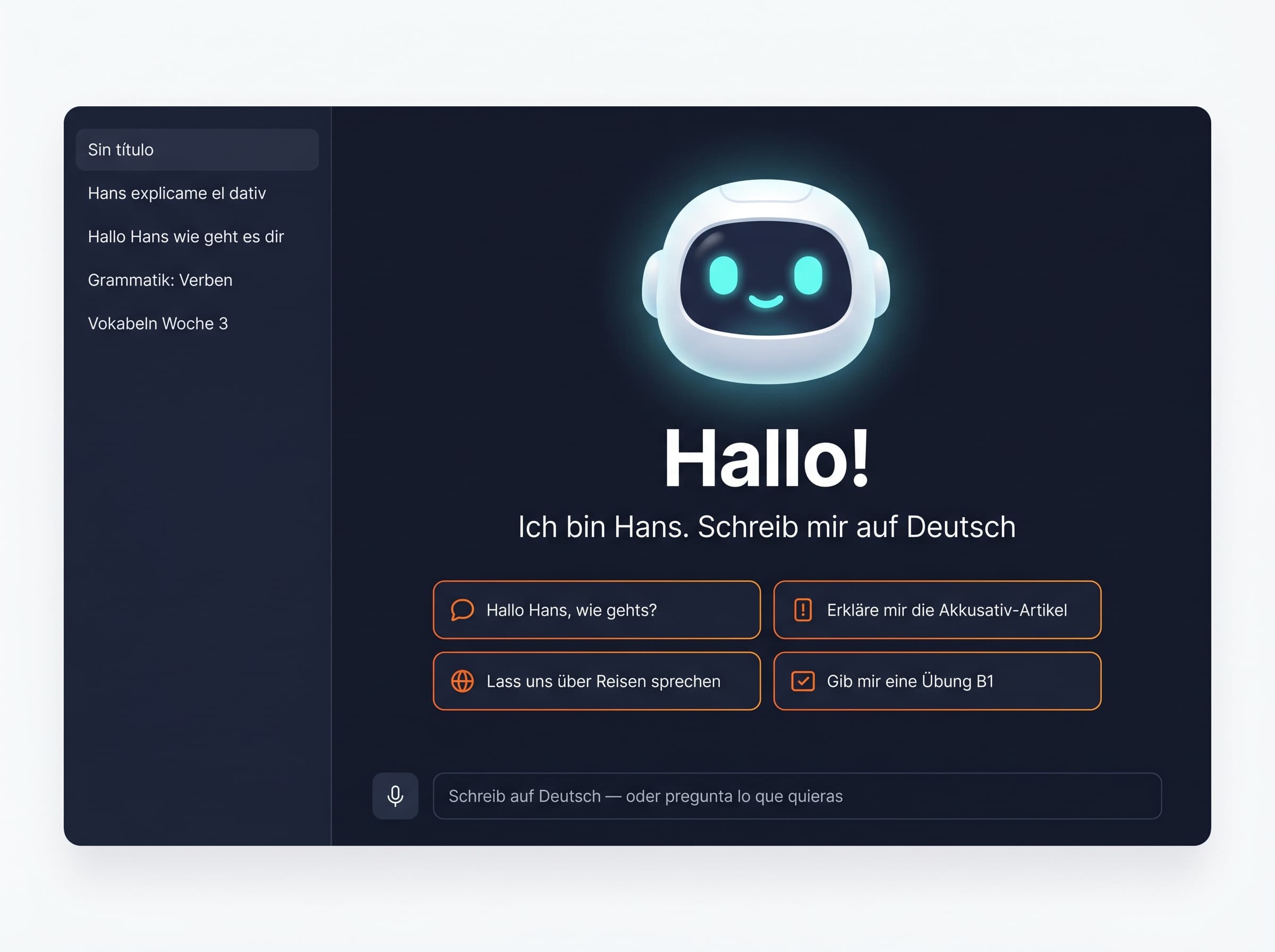 Vista previa del chat con Hans, tu tutor de alemán con IA disponible 24/7