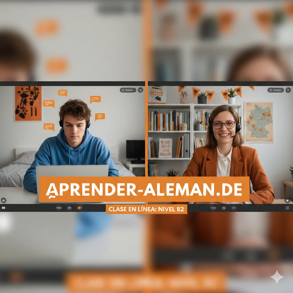 Clase en línea de Aprender-Aleman.de — profesora nativa de D·A·CH enseñando a un alumno hispanohablante